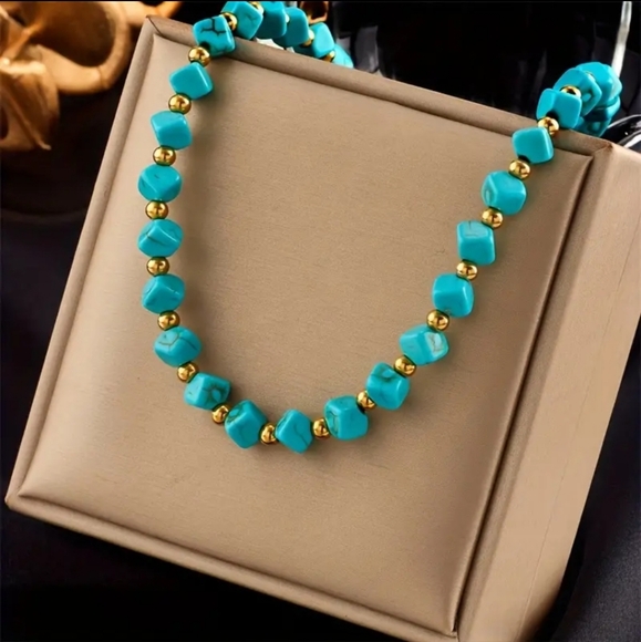 Unique Punk Style S.Steel 18K G.P Gilded,Golden Beads Square Turquoise Necklace. - Picture 2 of 6